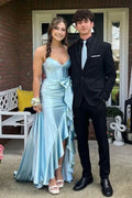 Sky Blue Satin A-Line High-Low Sweetheart Evening Dress