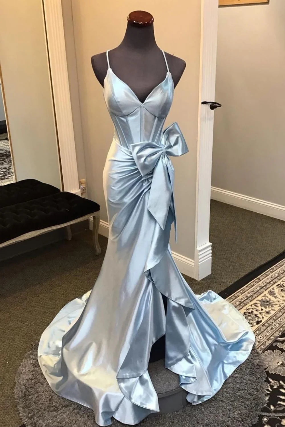 Sky Blue Satin A-Line High-Low Sweetheart Evening Dress