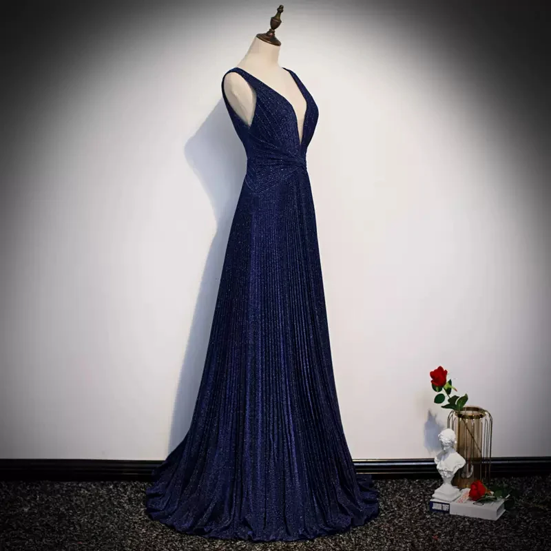 Sparkling A Line Glitter Gown Deep V Neck Sleeveless Open Back Floor Length Evening Dresses