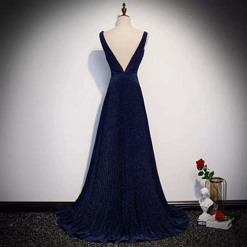 Sparkling A Line Glitter Gown Deep V Neck Sleeveless Open Back Floor Length Evening Dresses