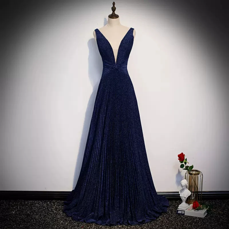 Dark Navy Glitter Fabric A-Line Floor-Length Evening Dress with Plunging V-Neck