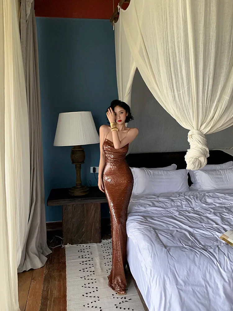 Sparkling Sequin Evening Dress Cowl Neck Thin Strappy Lace-Up Open Back Floor-Length