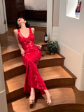 Red Sequin Mermaid V-Neck Floor-Length Dress with 3D Floral Embellishment