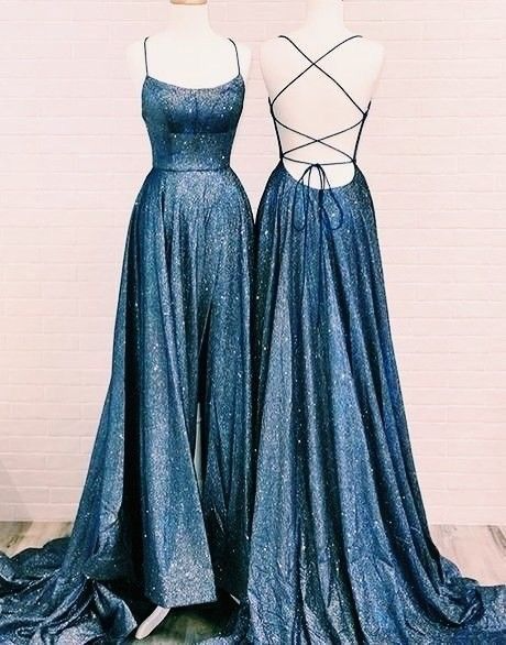Sparkling A Line Glitter Gown Scoop Neck Thin Strap Lace Up Backless Evening Dresses