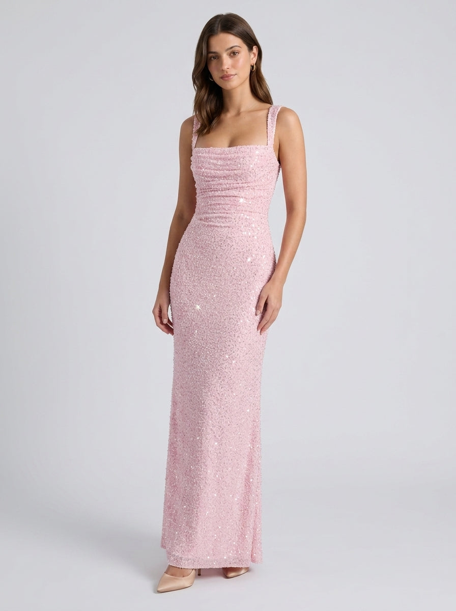 Sparkling Sequin Sheath Square Neck Sleeveless Lace-Up Back Floor-Length Evening Dresses