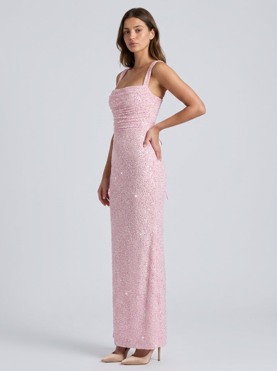 Sparkling Sequin Sheath Square Neck Sleeveless Lace-Up Back Floor-Length Evening Dresses