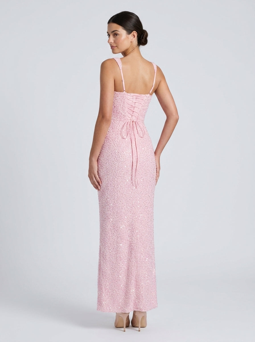 Sparkling Sequin Sheath Square Neck Sleeveless Lace-Up Back Floor-Length Evening Dresses