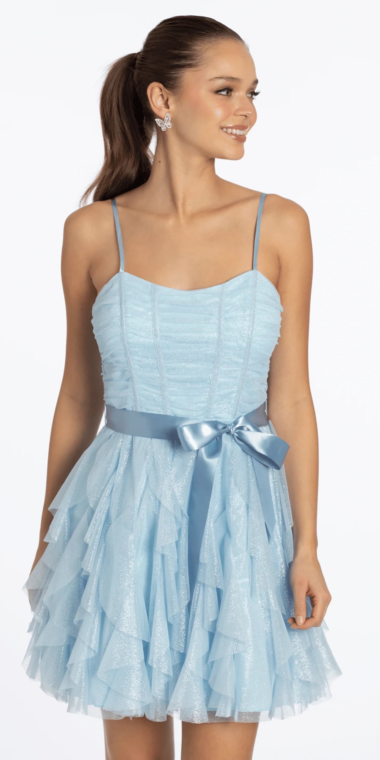 Sparkling Tulle A-Line Sweetheart Adjustable Strap Zipper Back Ruffled Short Homecoming Dresses