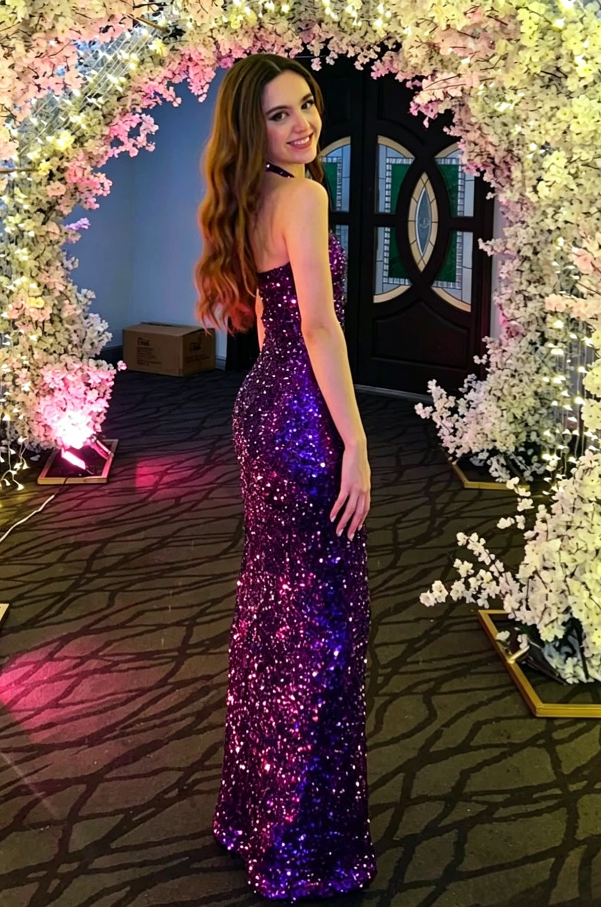 Sparkly Sequin Mermaid Halter Neck Sleeveless Keyhole-Back Floor Length Evening Dress