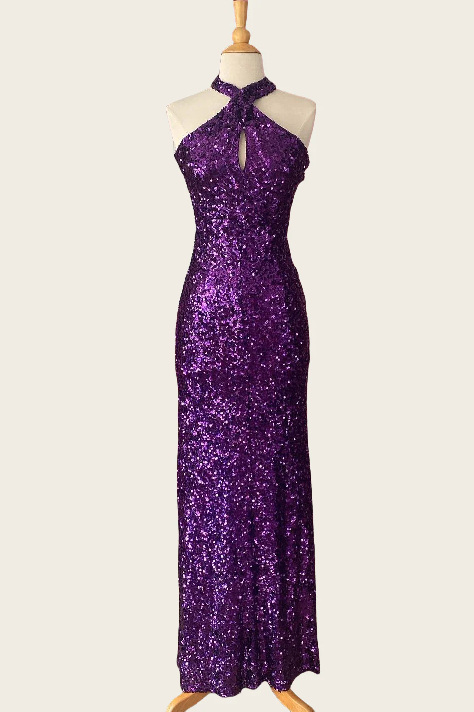 Sparkly Sequin Mermaid Halter Neck Sleeveless Keyhole-Back Floor Length Evening Dress