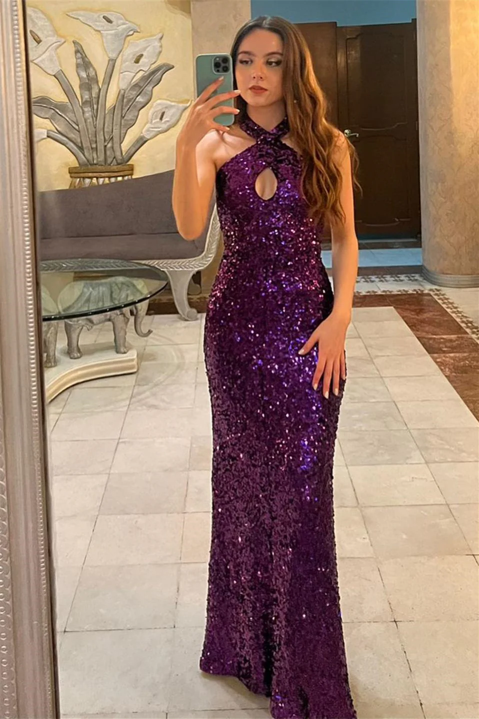 Sparkly Sequin Mermaid Halter Neck Sleeveless Keyhole-Back Floor Length Evening Dress