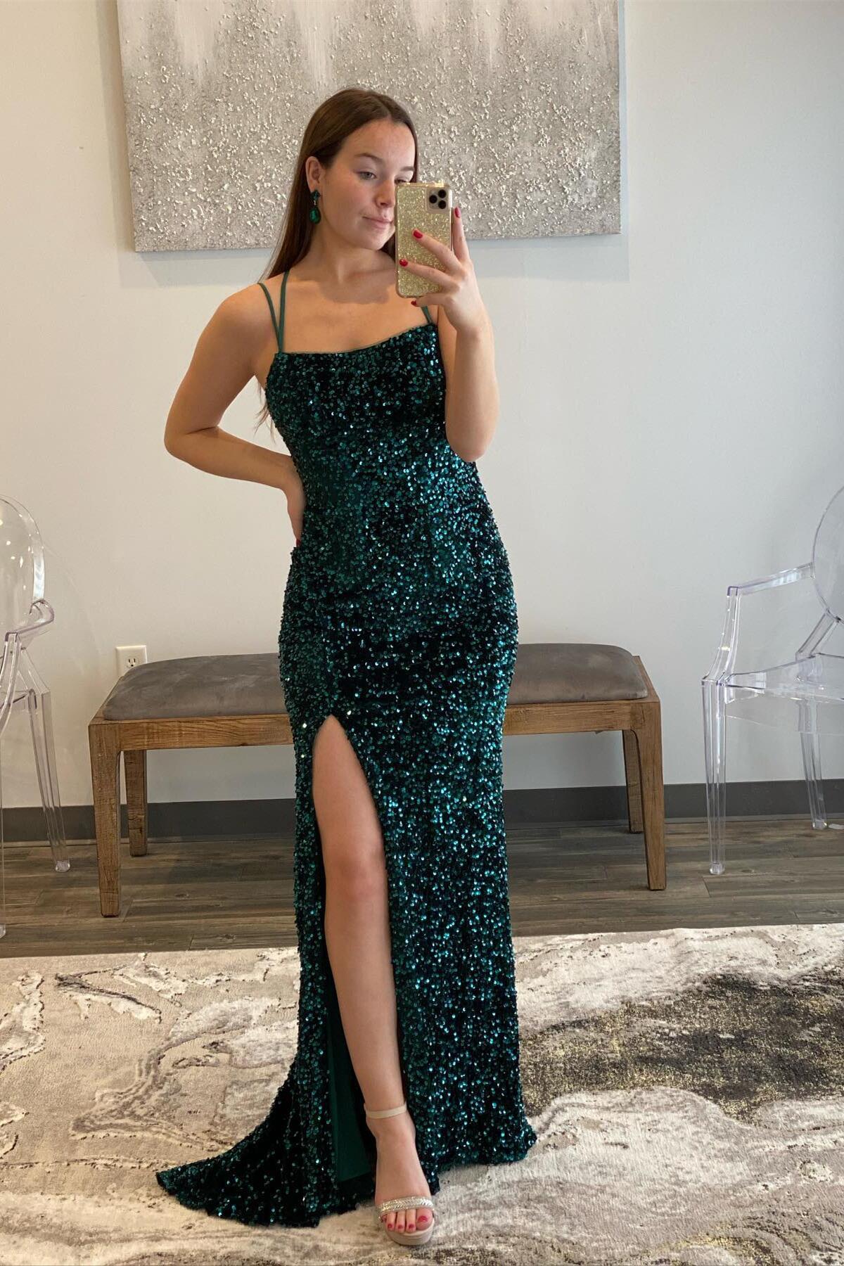 Sparkly Spaghetti Strap Cross-Back Sequin Mermaid Slit Floor-Length Evening Dress