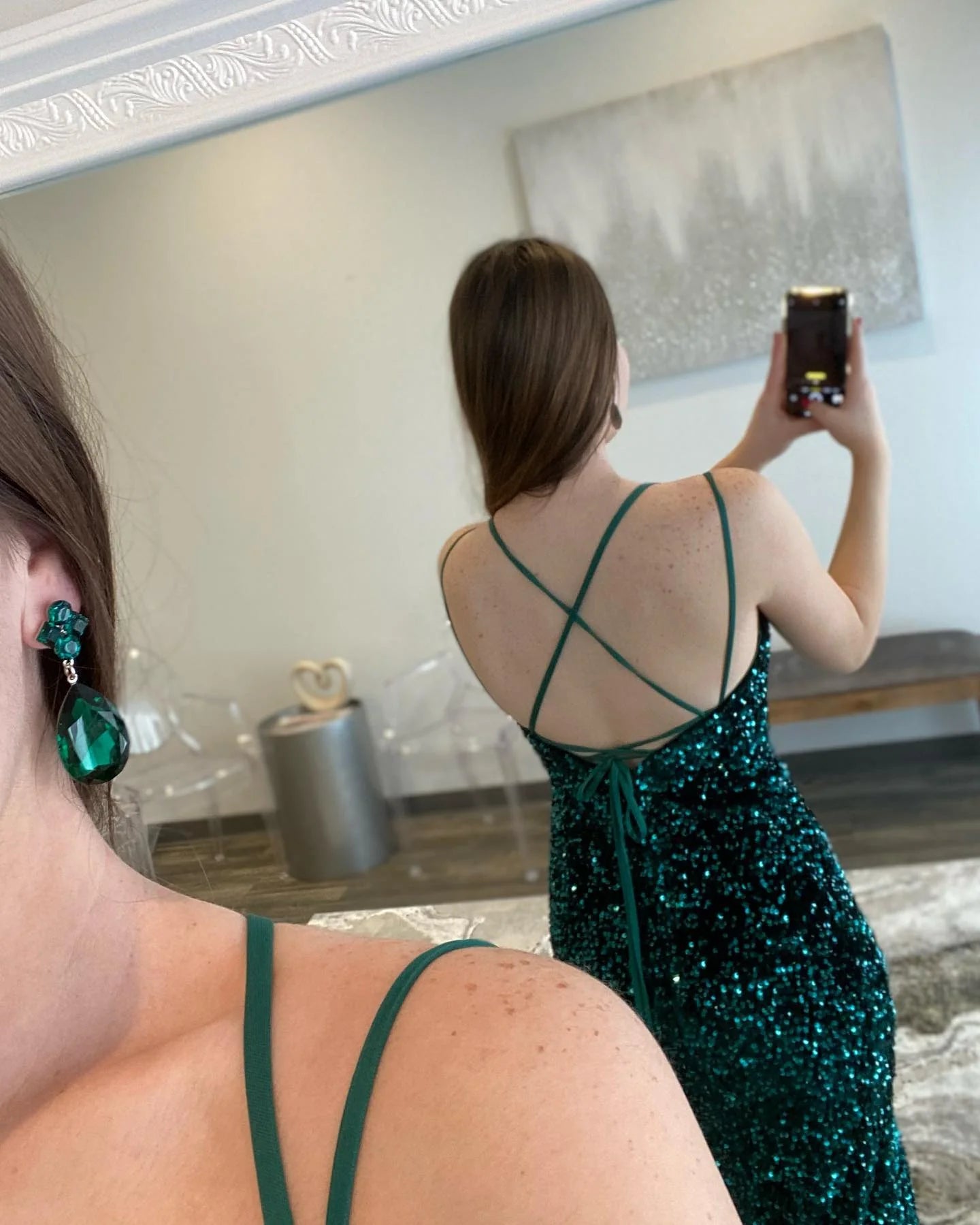 Sparkly Spaghetti Strap Cross-Back Sequin Mermaid Slit Floor-Length Evening Dress