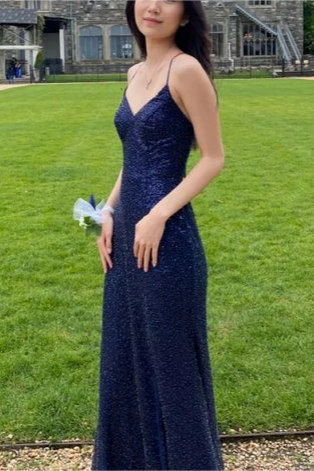 Sparkly V-Neck Spaghetti Straps Mermaid Open Back Evening Dresses