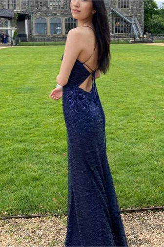 Sparkly V-Neck Spaghetti Straps Mermaid Open Back Evening Dresses