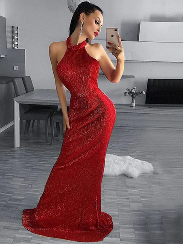 Sparkly sequin mermaid halter sleeveless deep open back floor length formal evening dress