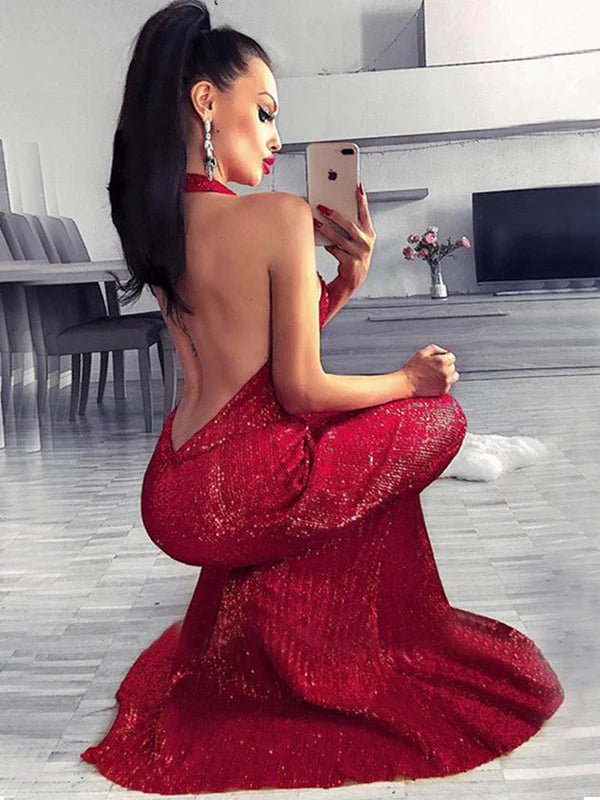 Sparkly sequin mermaid halter sleeveless deep open back floor length formal evening dress
