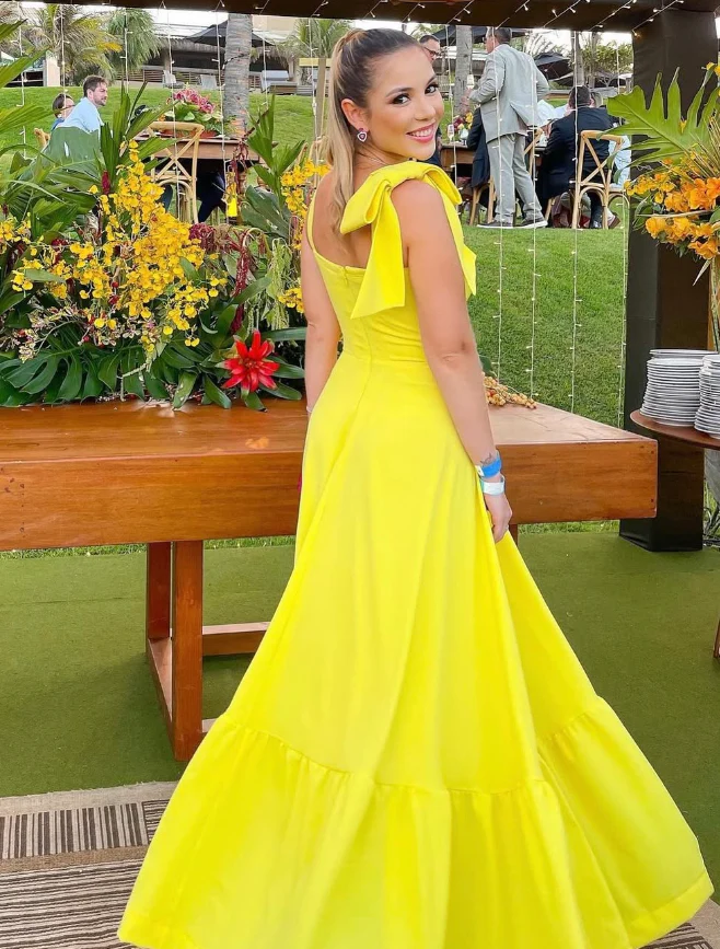 Square Neck Bow Back Ruffled Hem A-Line Floor-Length Evening Dress