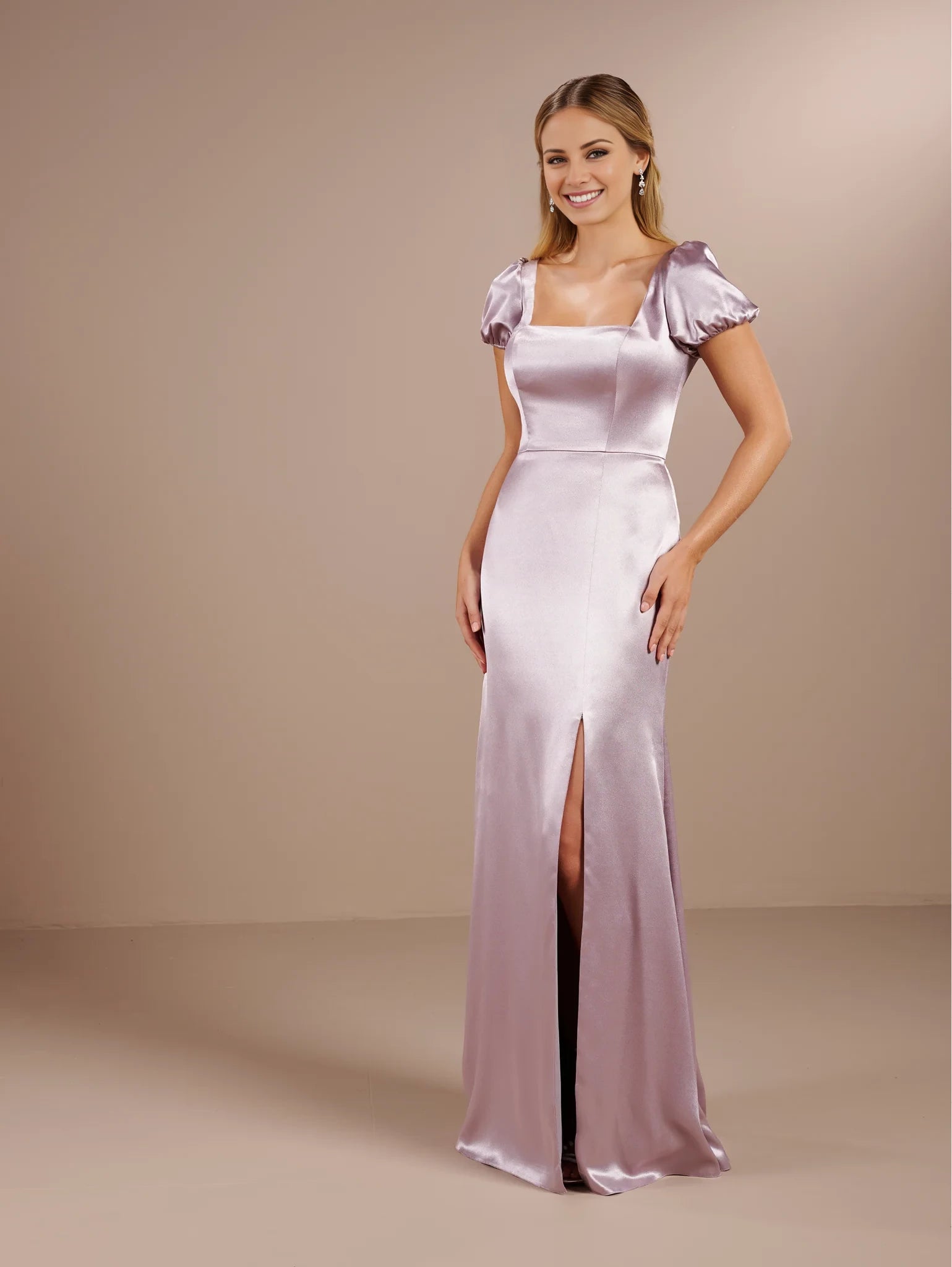 Square neckline off shoulder short sleeved backless side slit and floor length evening dress