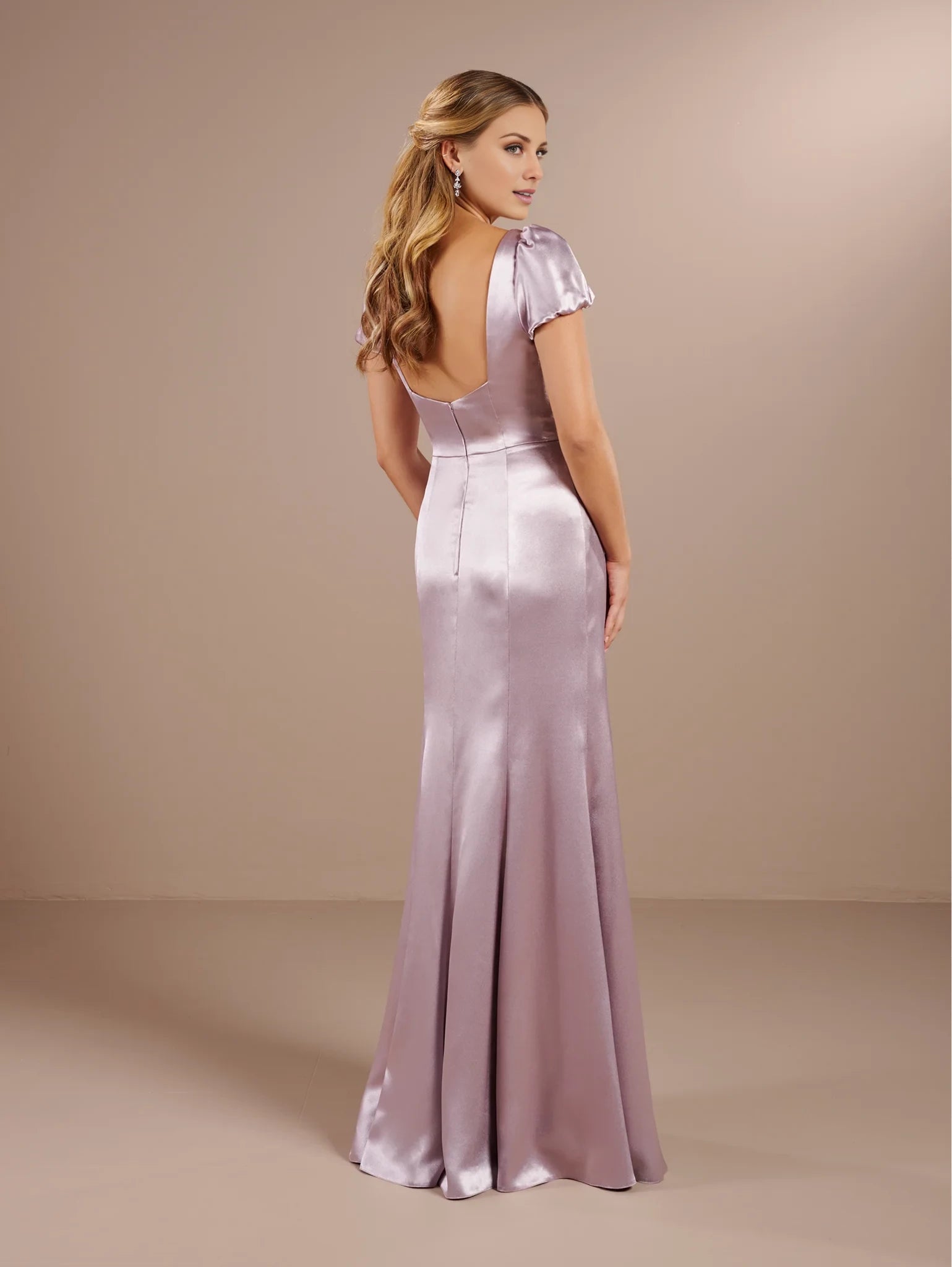 Square neckline off shoulder short sleeved backless side slit and floor length evening dress