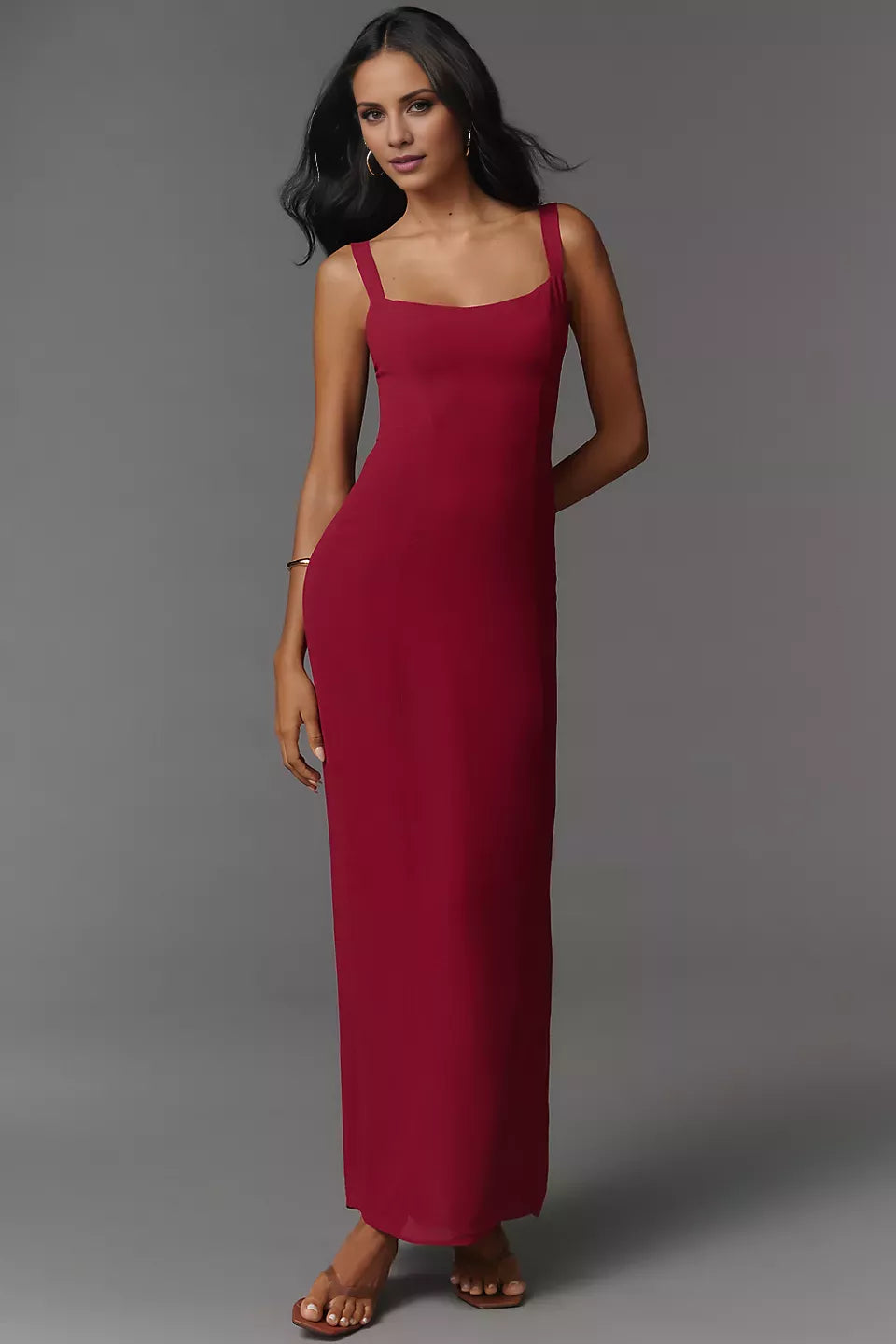 Vestido de fiesta con escote cuadrado, hombros descubiertos, sin mangas, espalda descubierta, abertura y largo hasta el suelo 