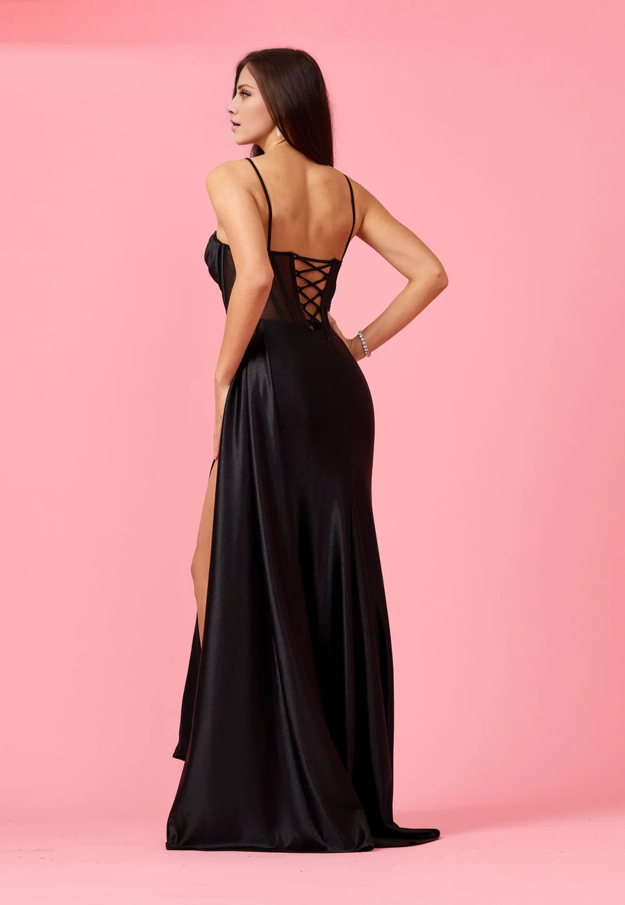 Square neckline off shoulder sleeveless thin shoulder strap backless side slit and floor length Prom dress