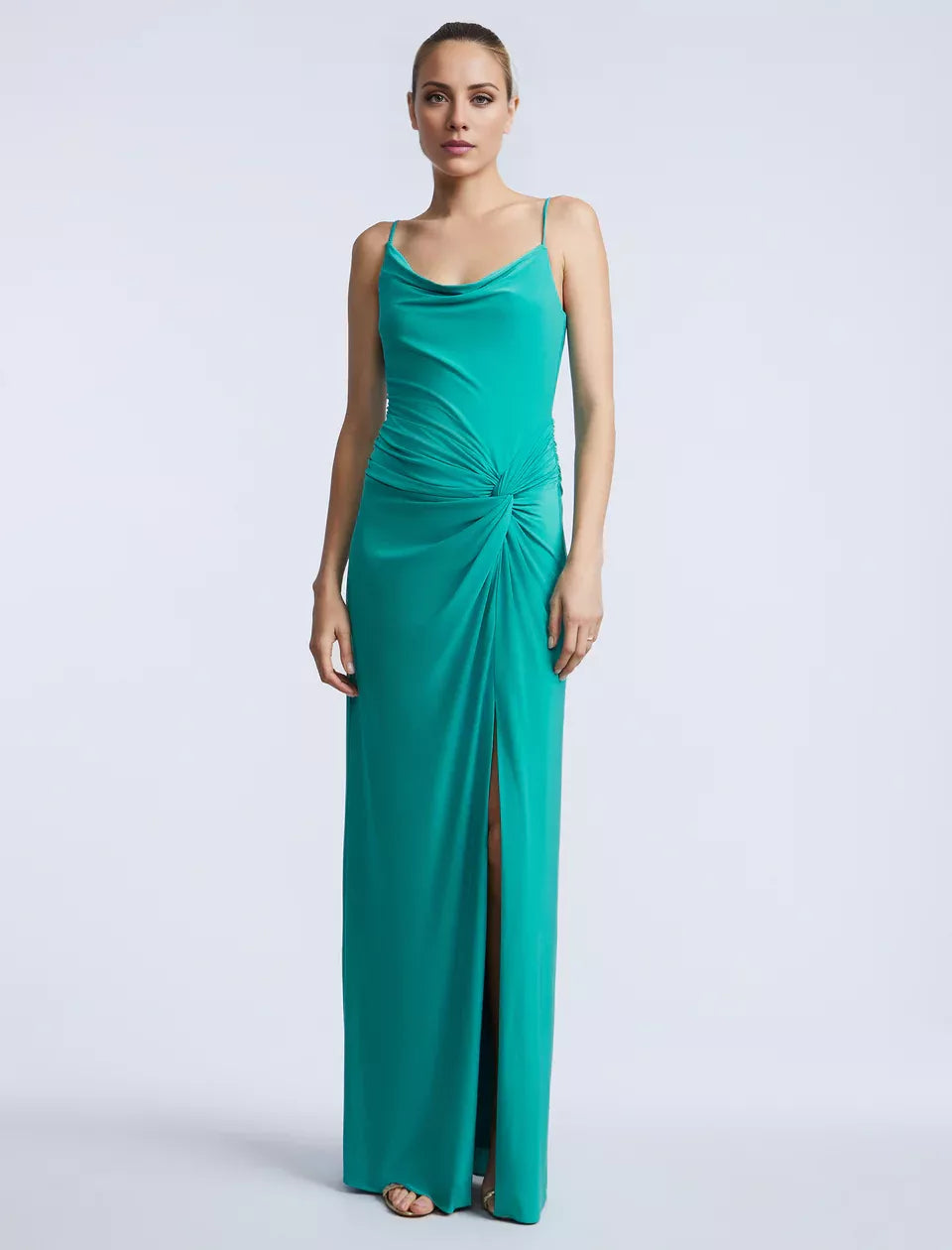 Square neckline off shoulder thin shoulder straps side slit and floor length evening dress