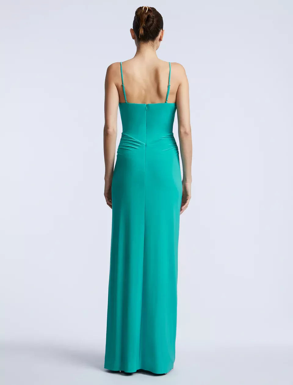 Square neckline off shoulder thin shoulder straps side slit and floor length evening dress