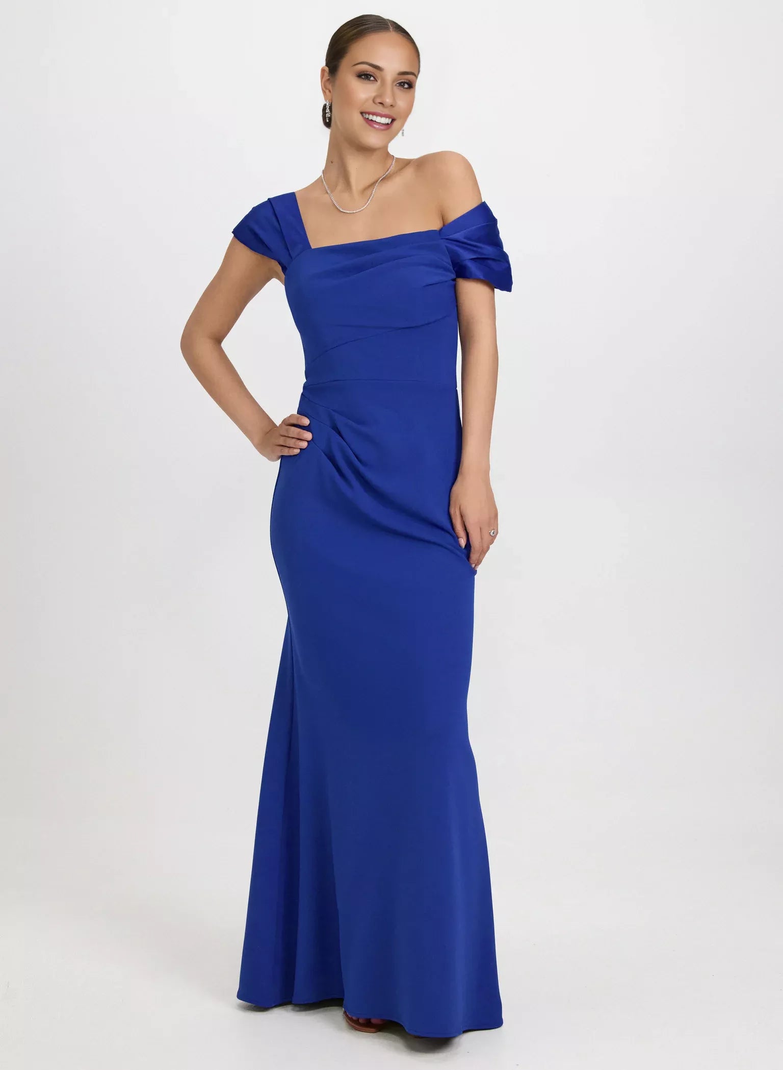 Square neckline short sleeved backless and floor length evening dress