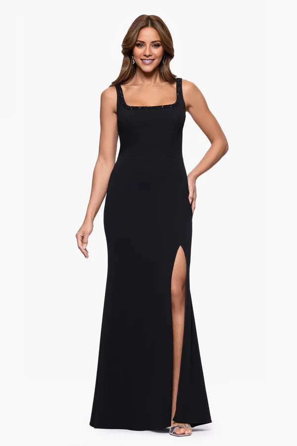 Black Crepe Square Neck Sheath Floor-Length Evening Dress with Beaded Straps & High Slit