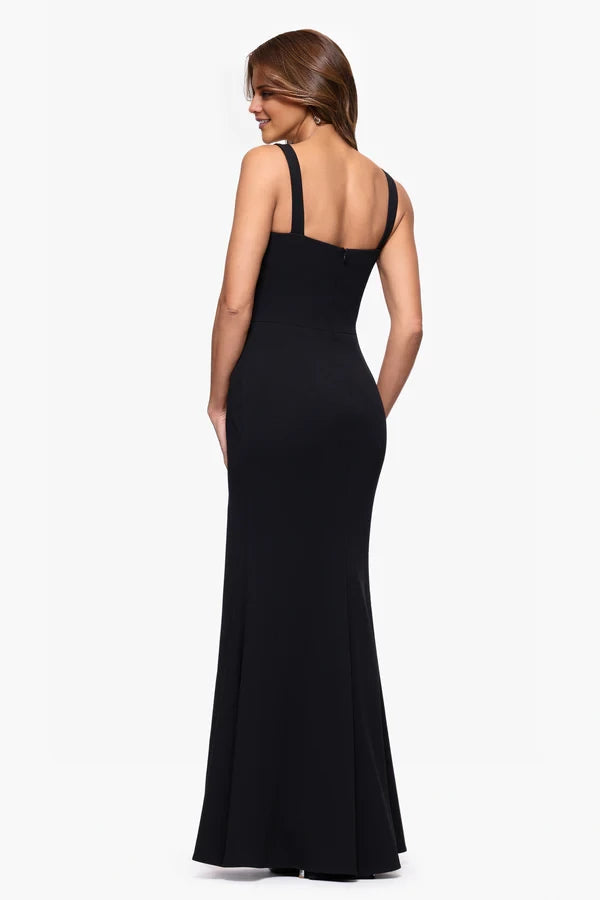 Black Crepe Square Neck Sheath Floor-Length Evening Dress with Beaded Straps & High Slit