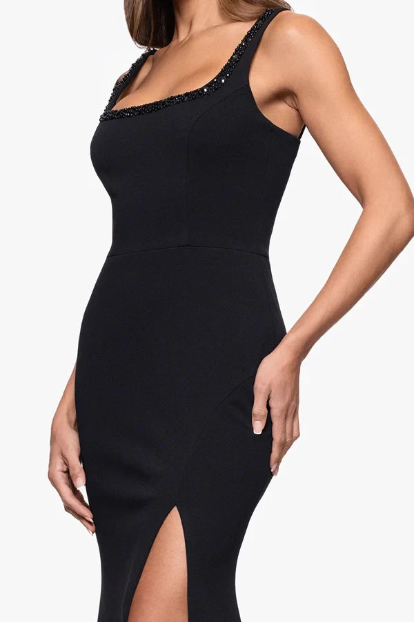 Black Crepe Square Neck Sheath Floor-Length Evening Dress with Beaded Straps & High Slit