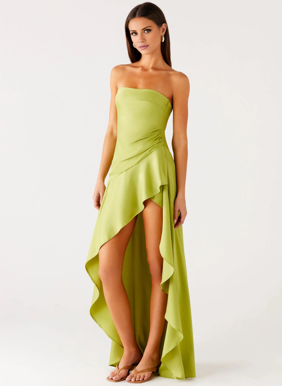 Green Satin A-Line High-Low Straight Neck Dress