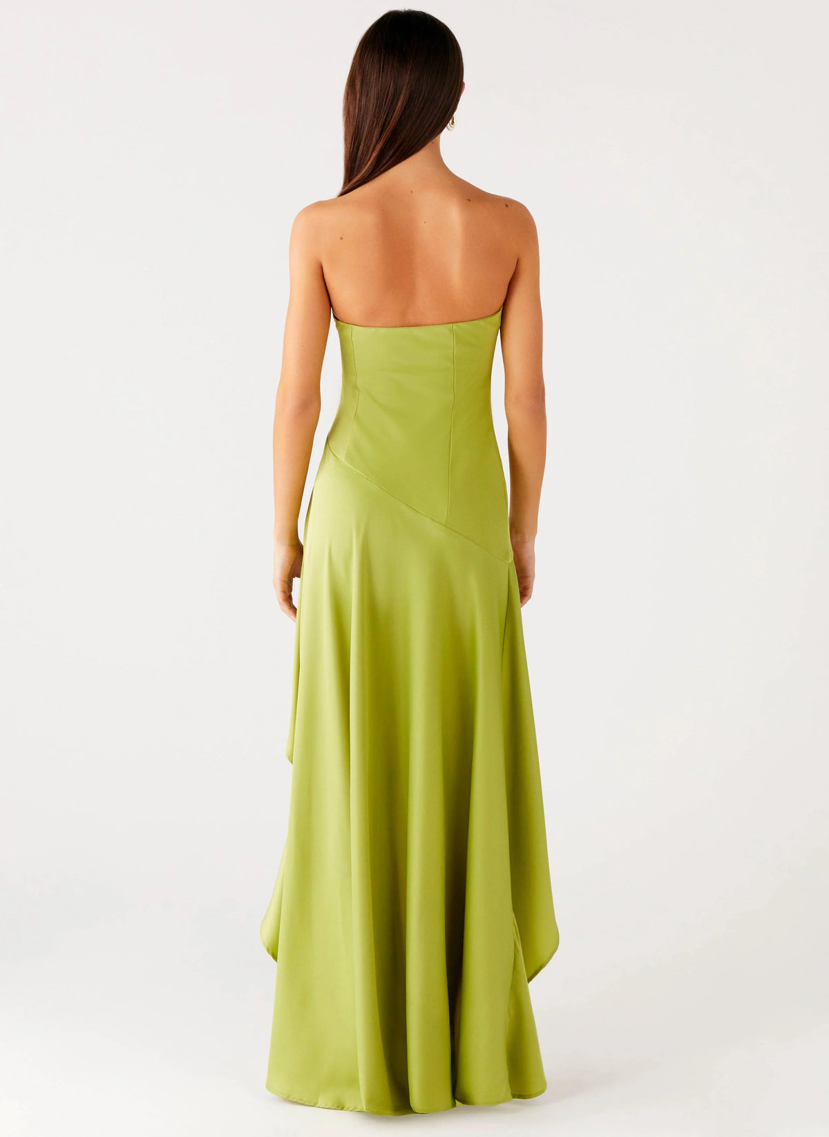 Green Satin A-Line High-Low Straight Neck Dress