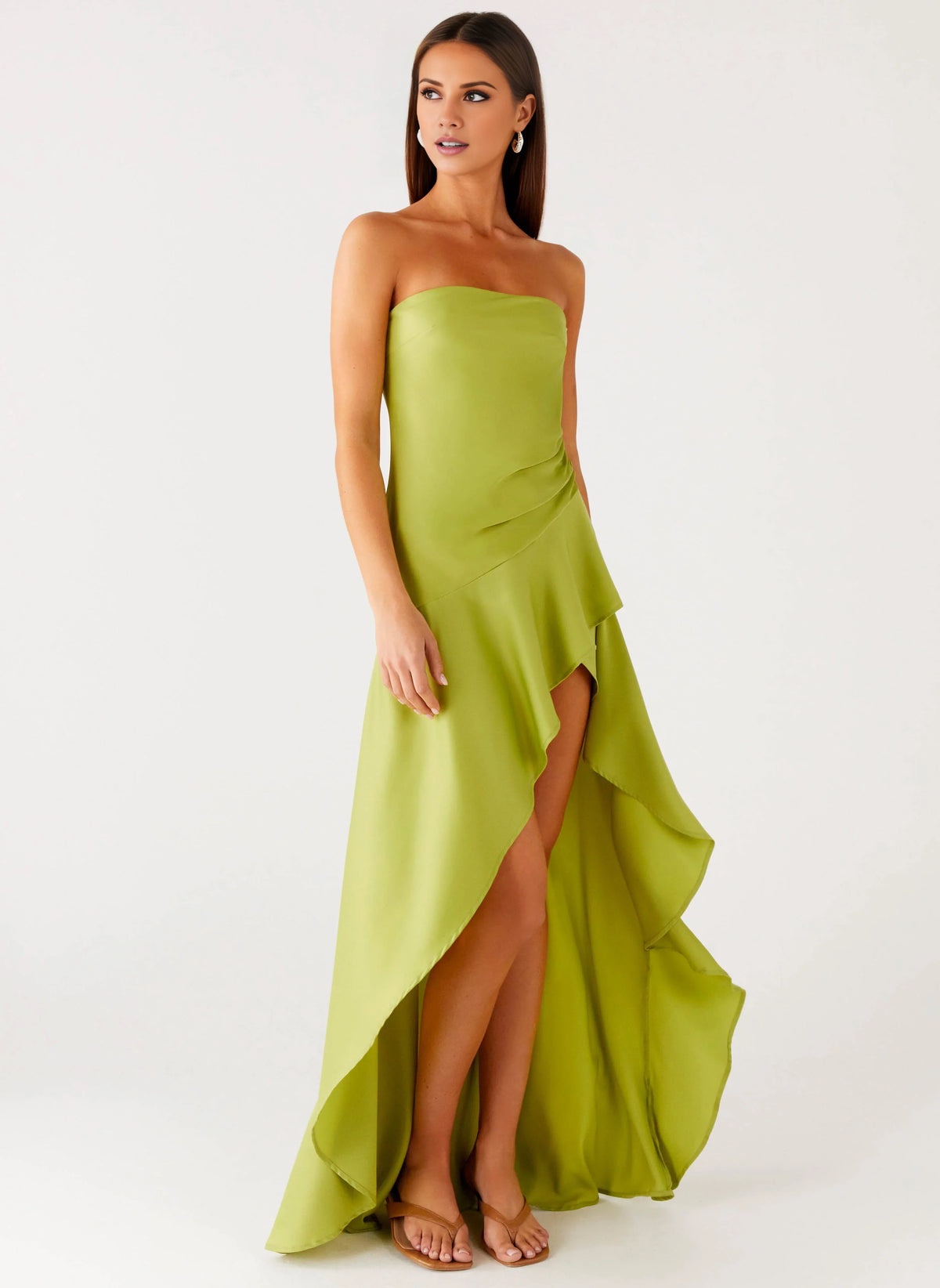 Green Satin A-Line High-Low Straight Neck Dress