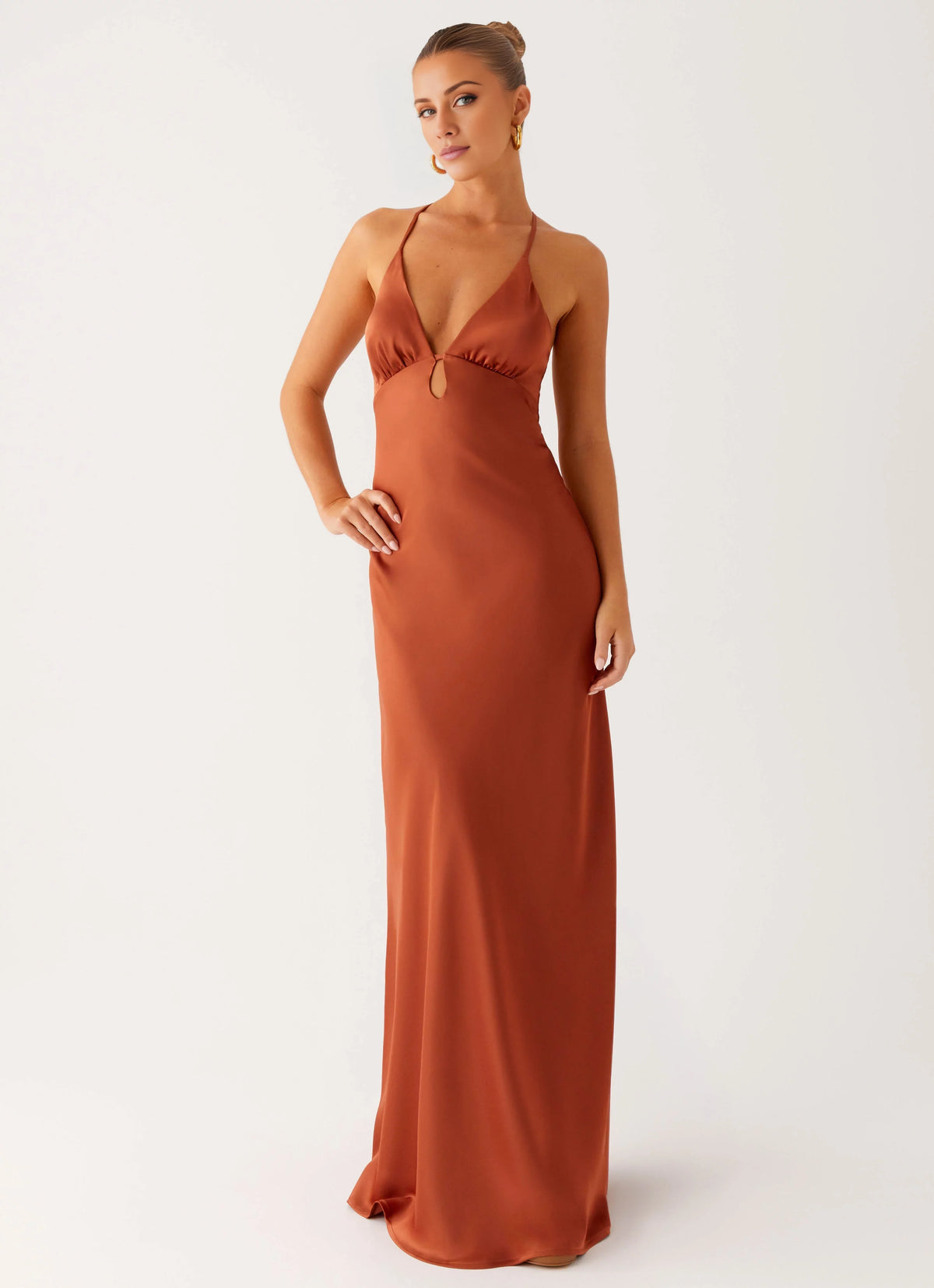 Rust Satin Sheath/column Floor-Length Halter neckline Evening Dress with Keyhole cutout