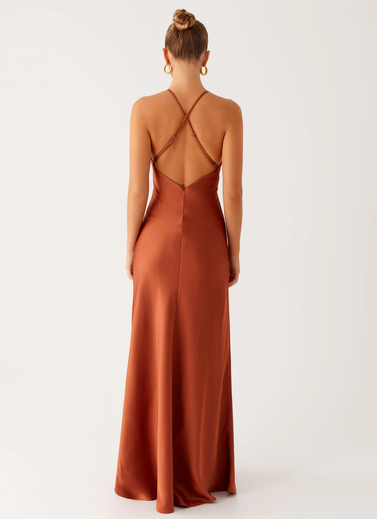 Rust Satin Sheath/column Floor-Length Halter neckline Evening Dress with Keyhole cutout