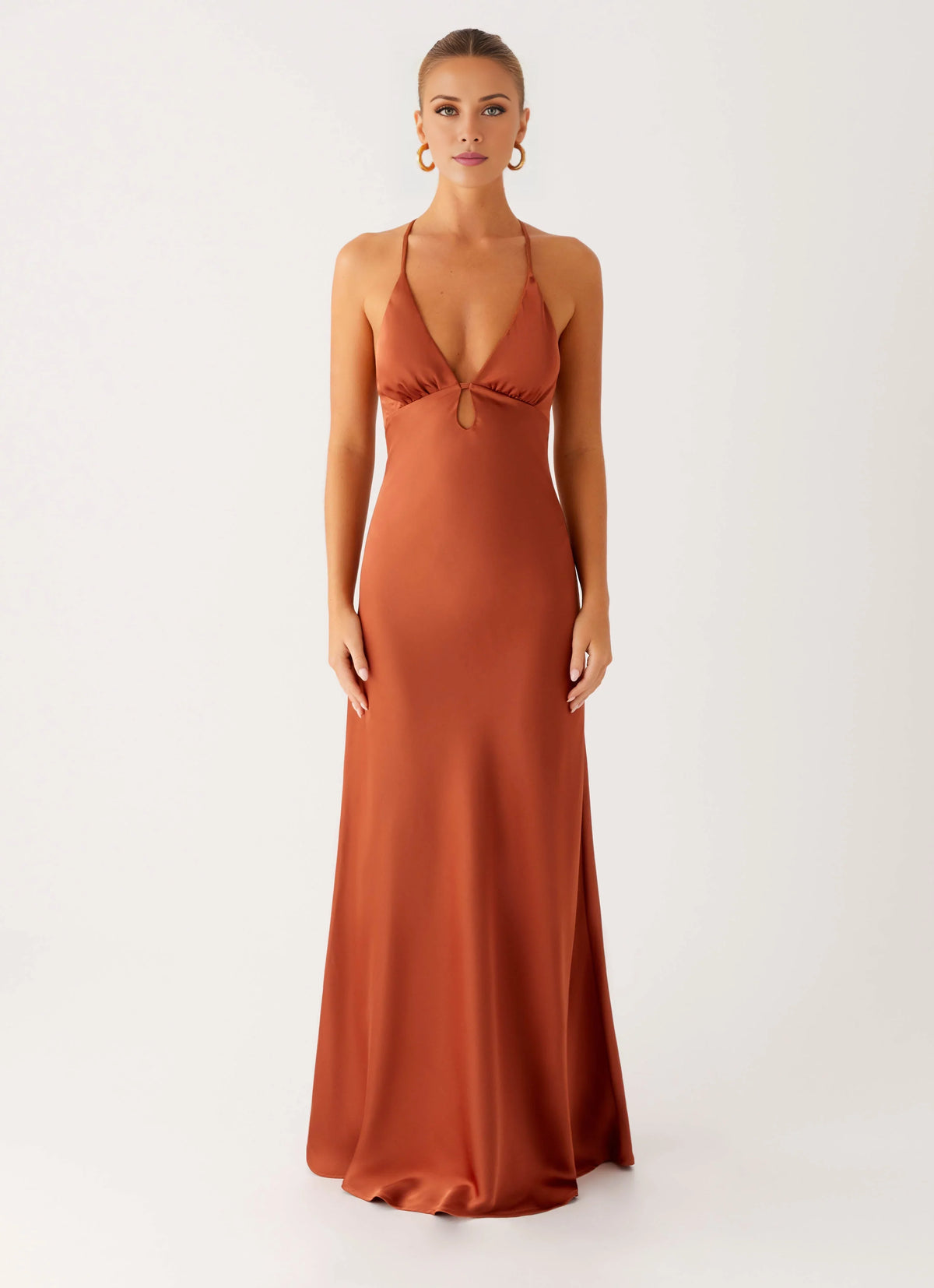Rust Satin Sheath/column Floor-Length Halter neckline Evening Dress with Keyhole cutout