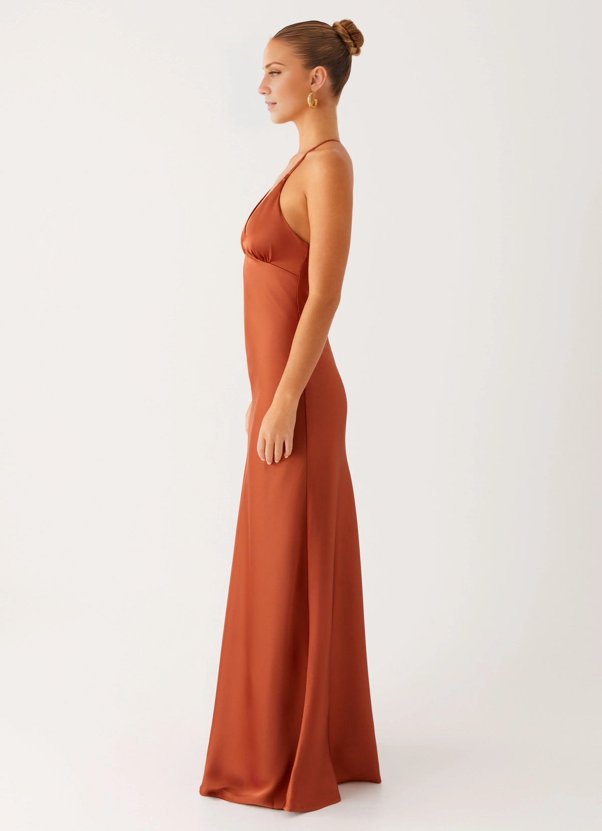 Rust Satin Sheath/column Floor-Length Halter neckline Evening Dress with Keyhole cutout