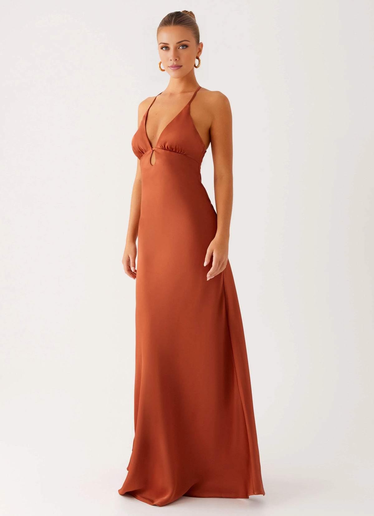 Rust Satin Sheath/column Floor-Length Halter neckline Evening Dress with Keyhole cutout