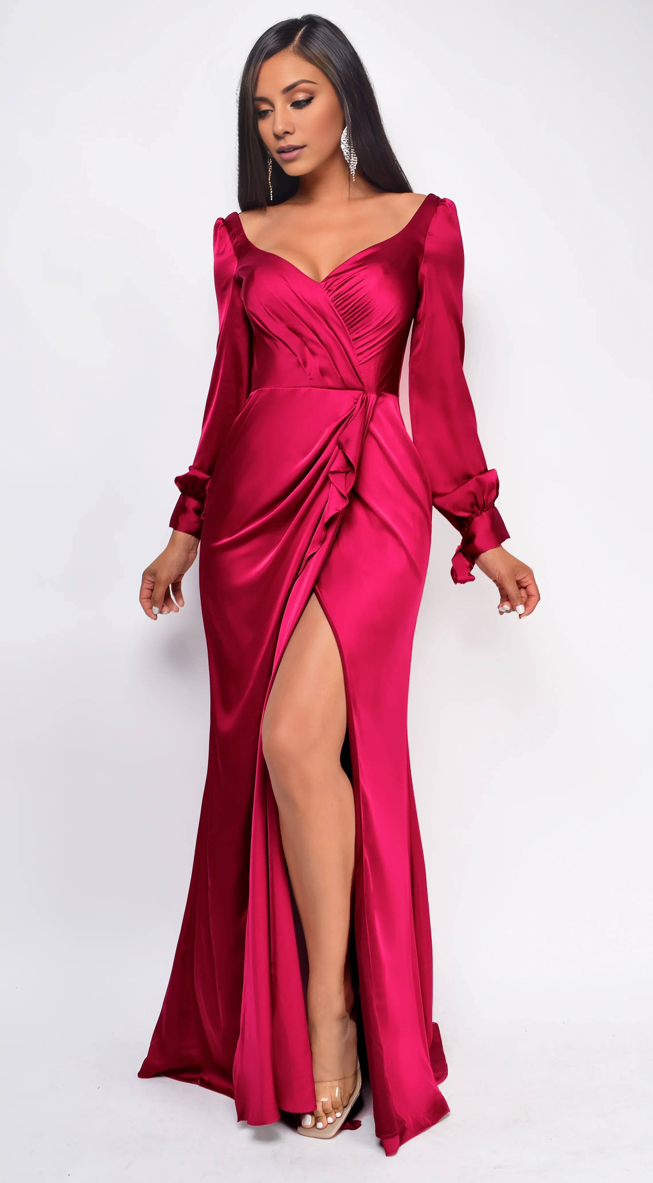 Statement-Making Fuchsia Satin Long-Sleeve V-Neck Ruched High-Slit Floor-Length Evening Dress