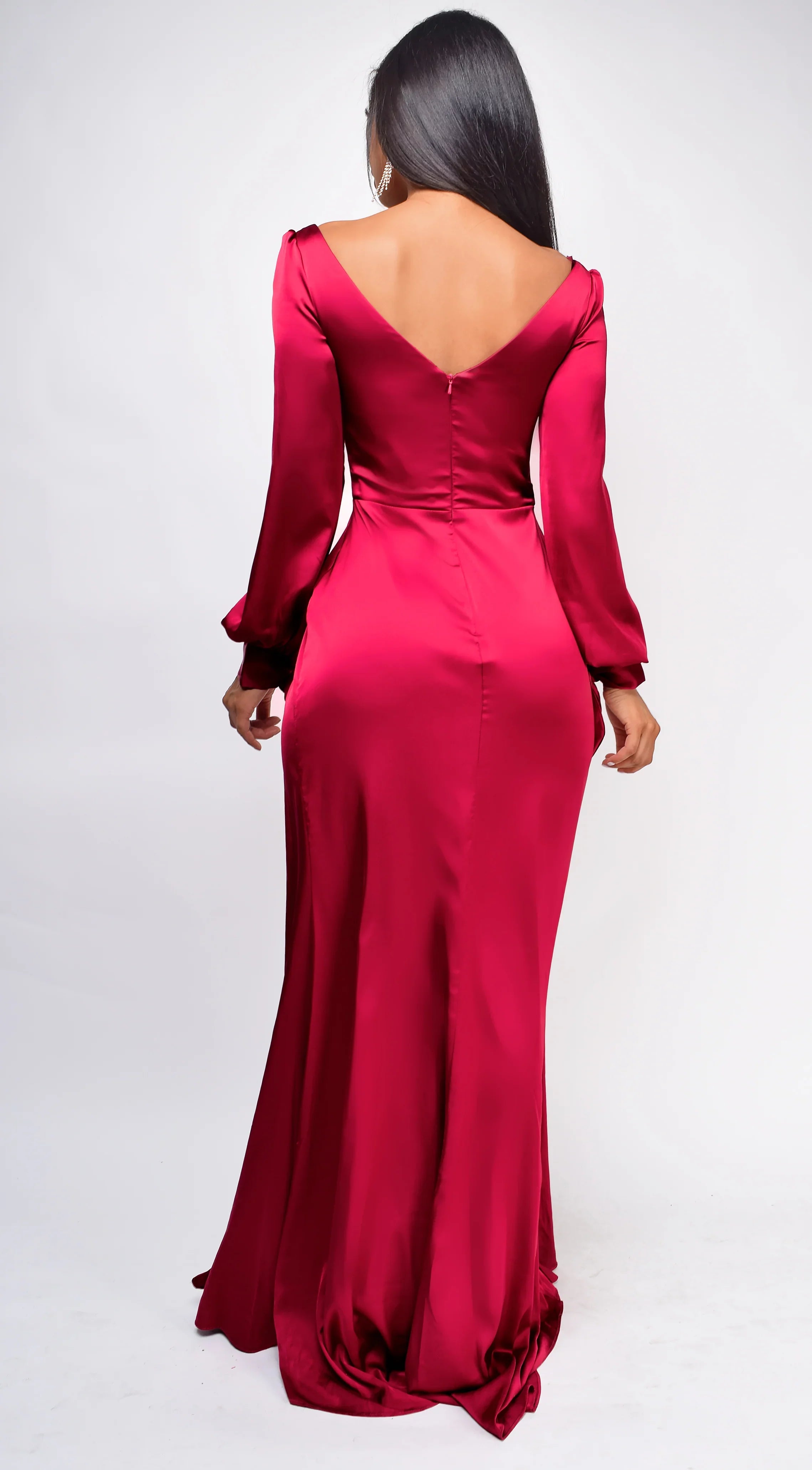 Statement-Making Fuchsia Satin Long-Sleeve V-Neck Ruched High-Slit Floor-Length Evening Dress