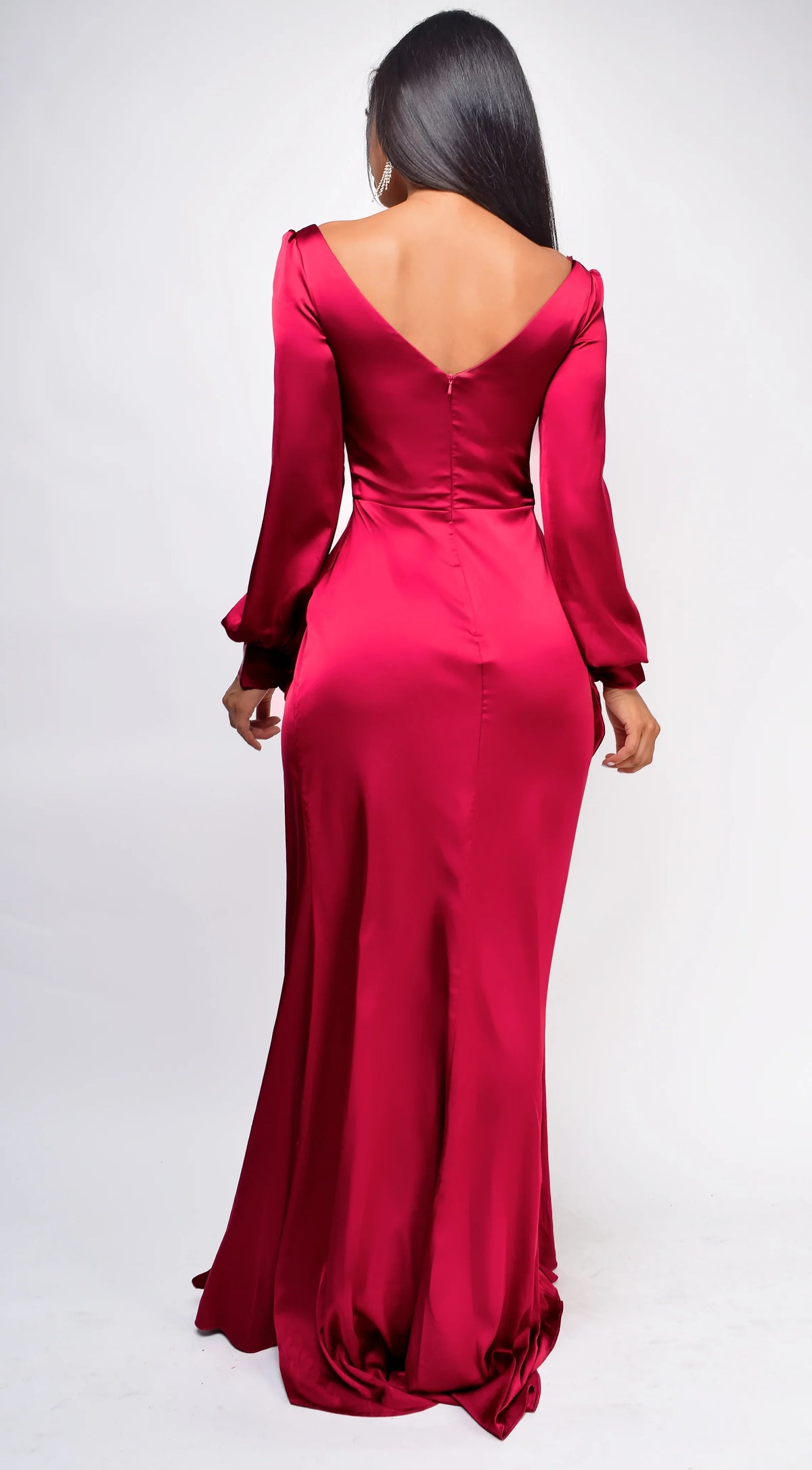 Burgundy Satin A-Line Floor-Length Evening Dress with Draped Bodice & High Slit