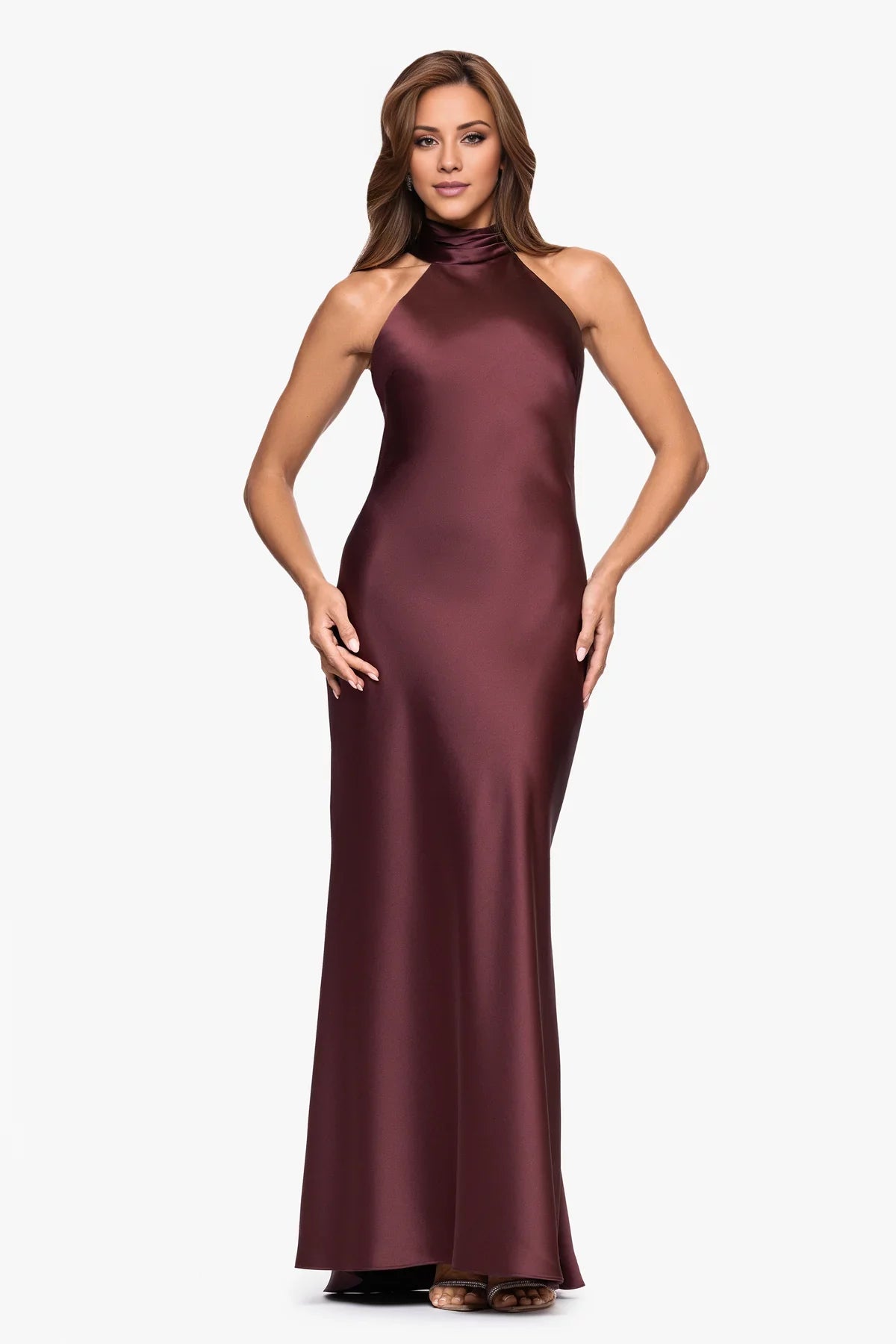 Burgundy Satin Halter Neck Sheath Floor-Length Dress