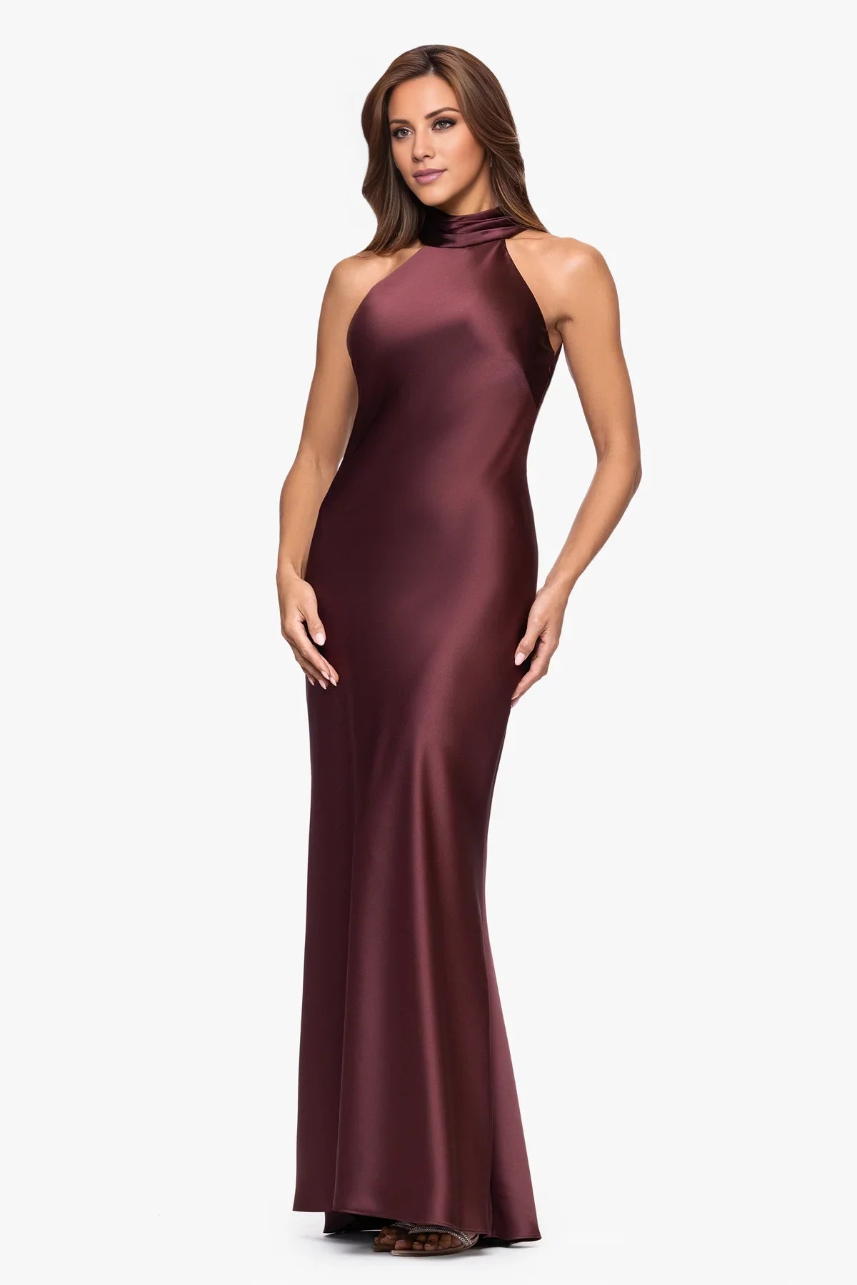 Burgundy Satin Halter Neck Sheath Floor-Length Dress