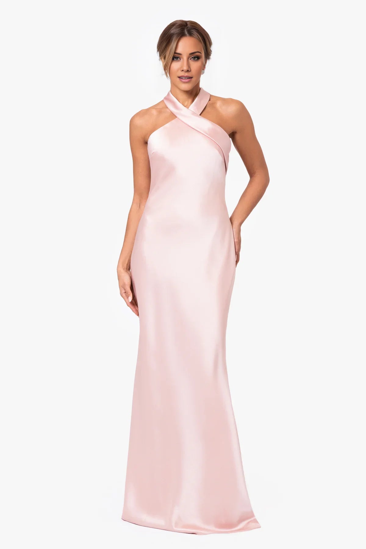 Blushing Pink Satin Sheath/column Floor-Length Dress with Halter neckline & Backless