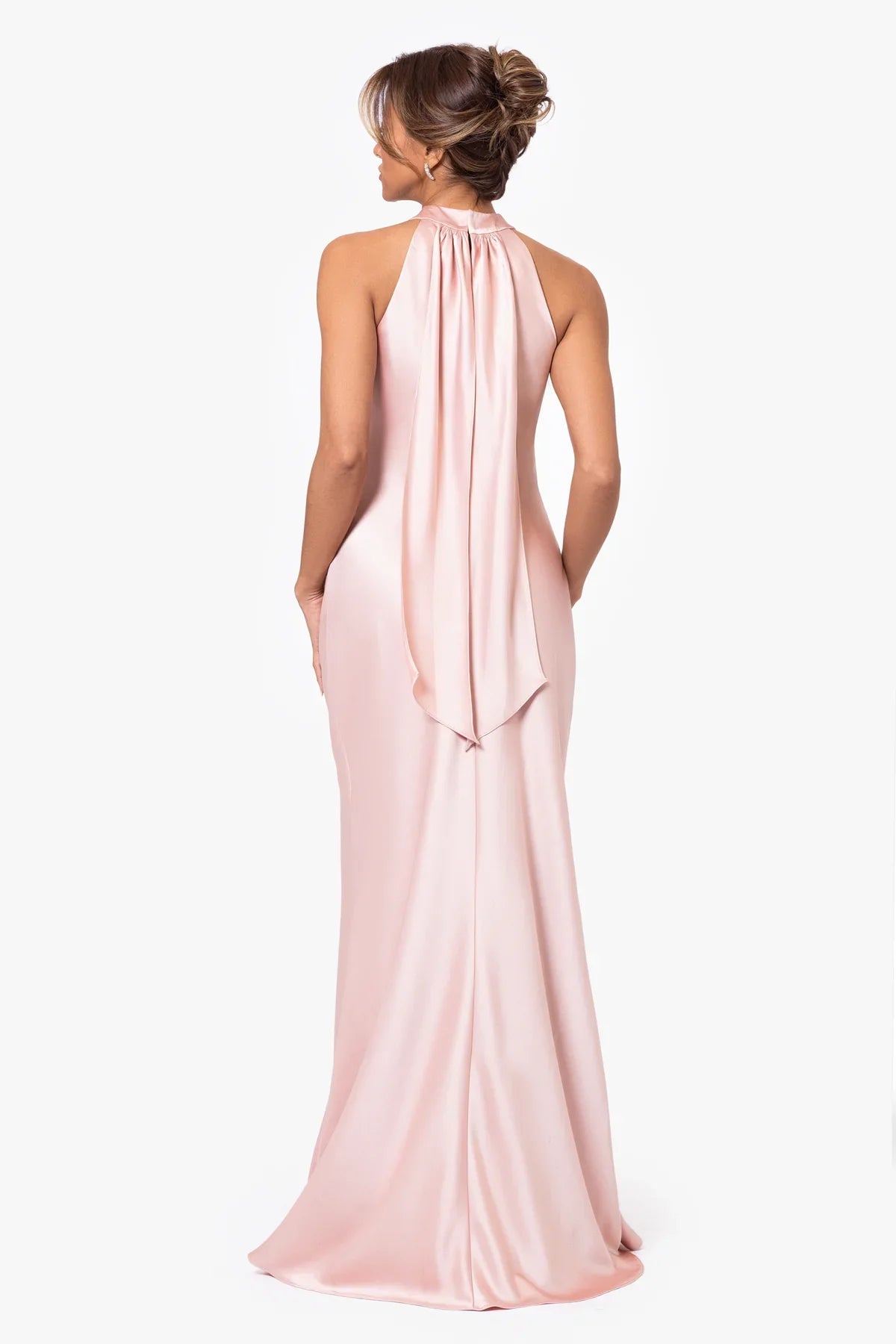 Blushing Pink Satin Sheath/column Floor-Length Dress with Halter neckline & Backless