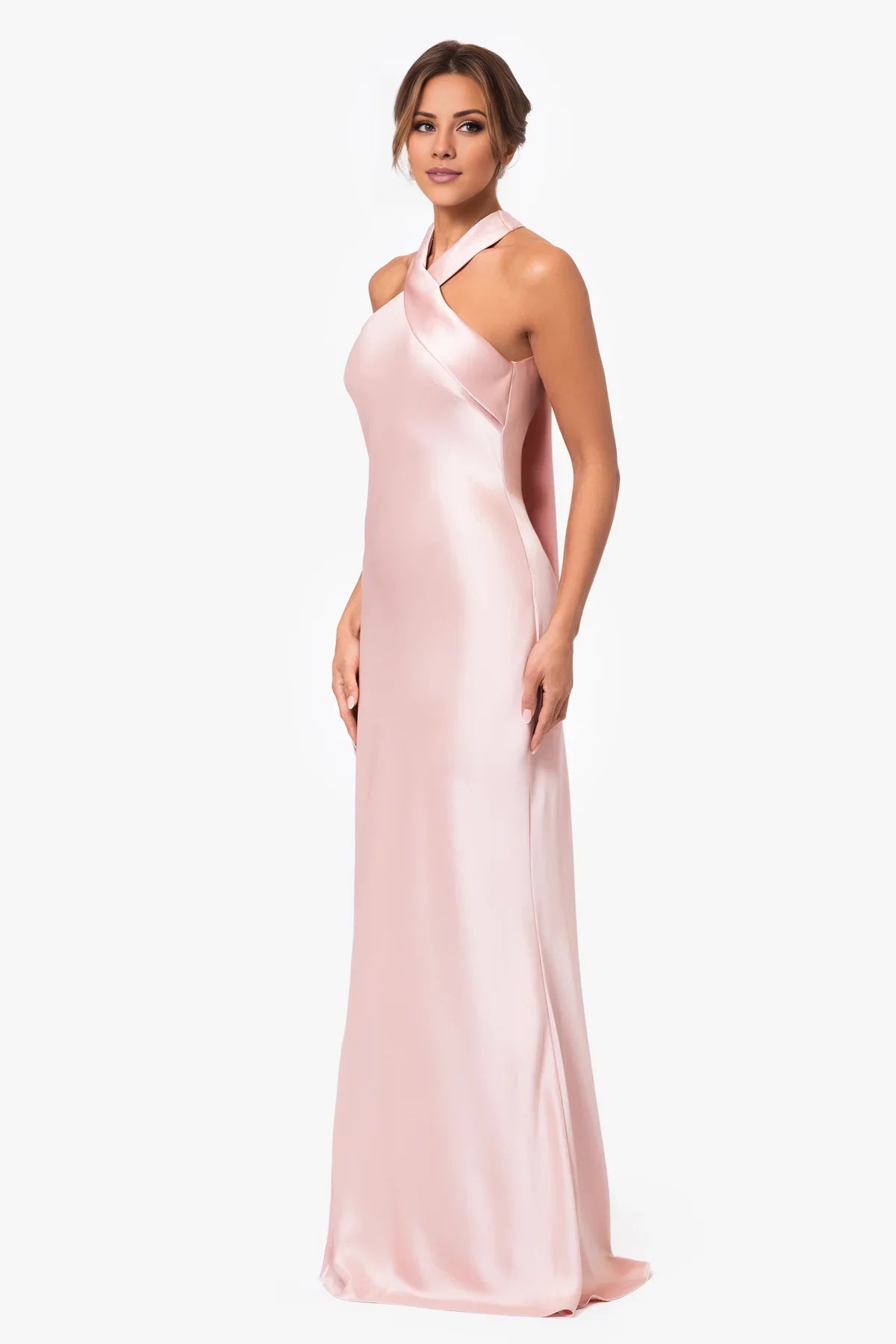 Blushing Pink Satin Sheath/column Floor-Length Dress with Halter neckline & Backless