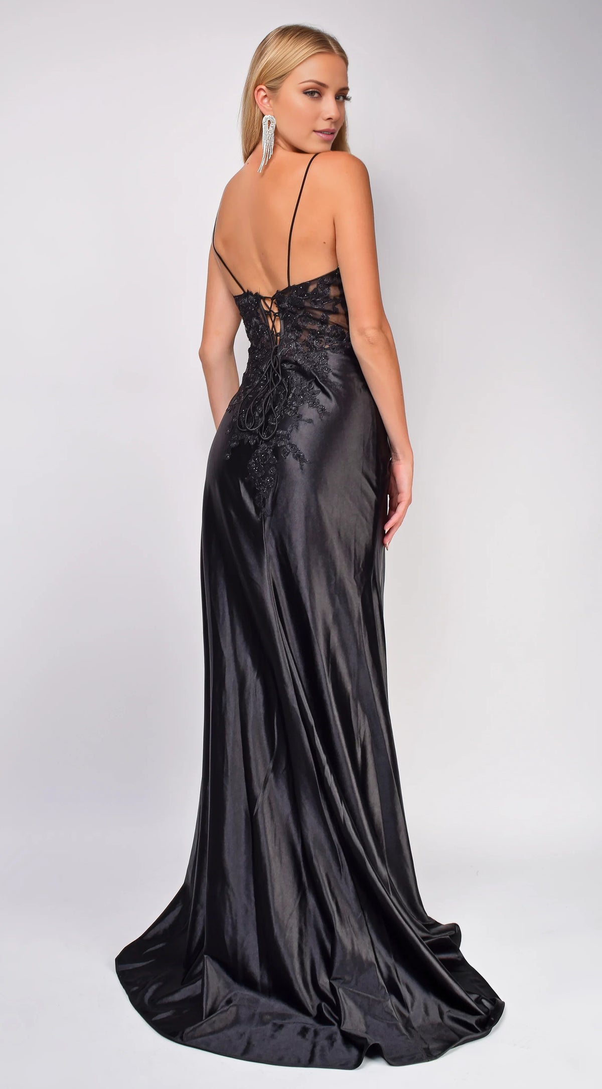 Black Satin V-Neck Sheath/Column Floor-Length Dress with Lace Bodice and High Slit