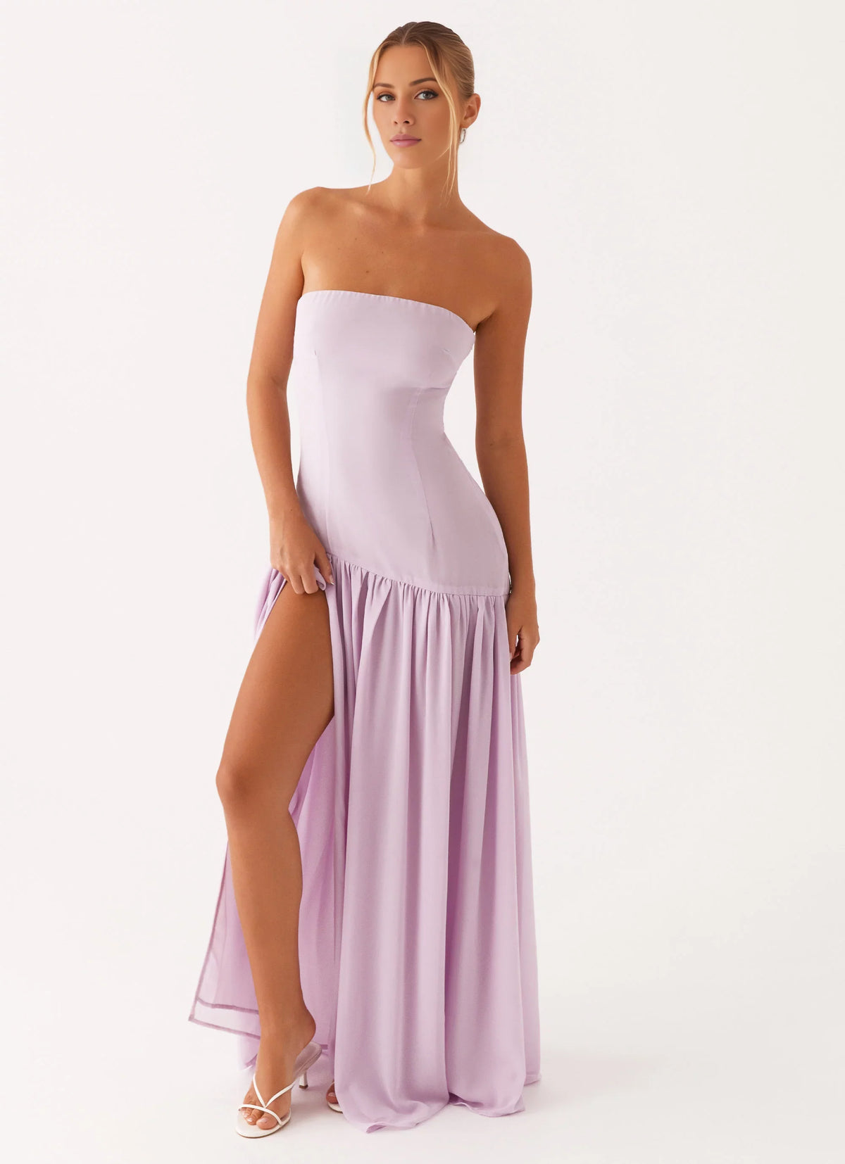 Lavender Chiffon A-Line Floor-Length Bridesmaid Dress with Straight Neck and High Slit